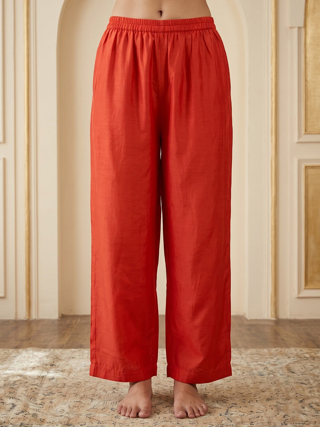 Rust Embroidered Chanderi Kurta With Pant &amp; Dupatta