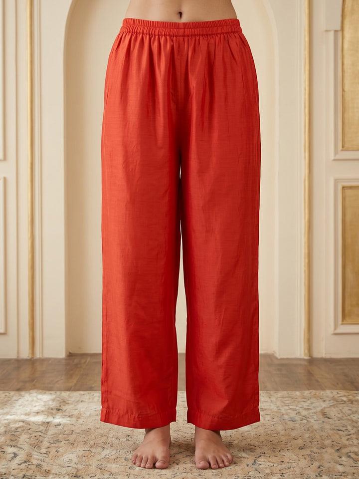 Rust Embroidered Chanderi Kurta With Pant &amp; Dupatta