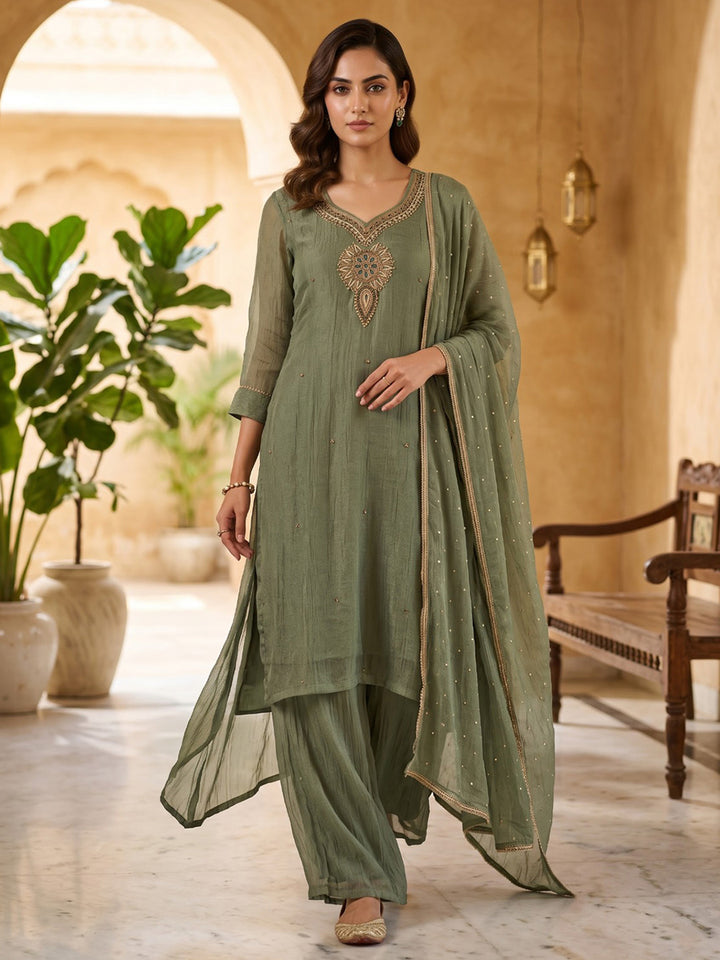 Aqua Green Embroidered Art Silk Kurta With Pant &amp; Dupatta