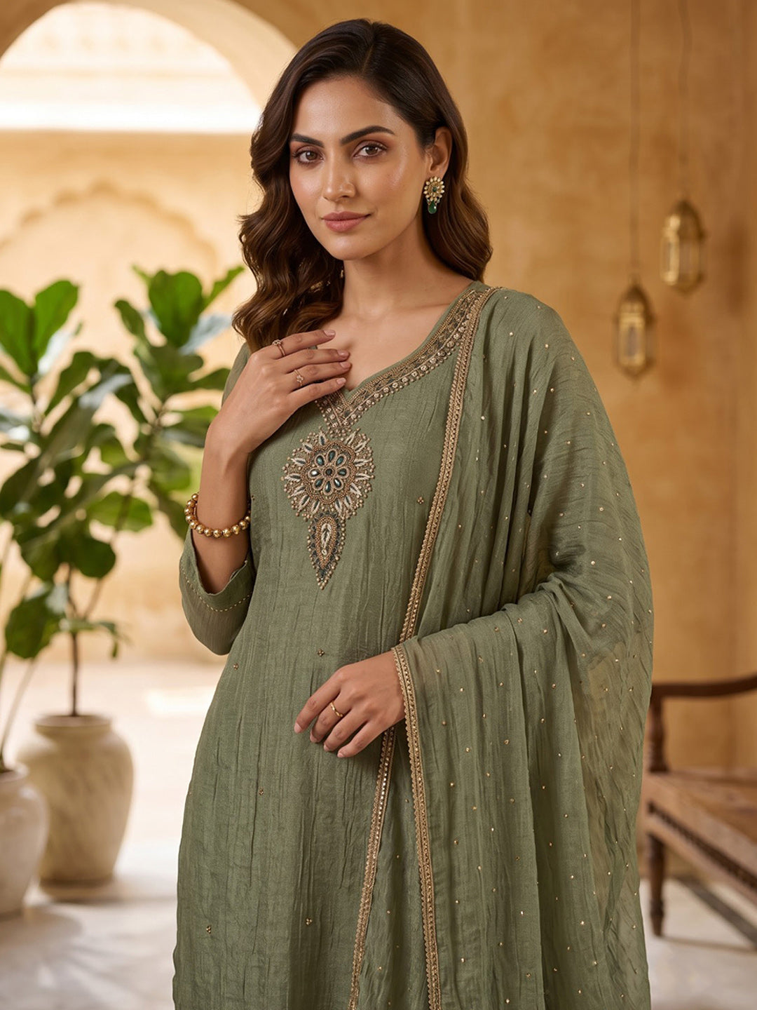 Aqua Green Embroidered Art Silk Kurta With Pant &amp; Dupatta