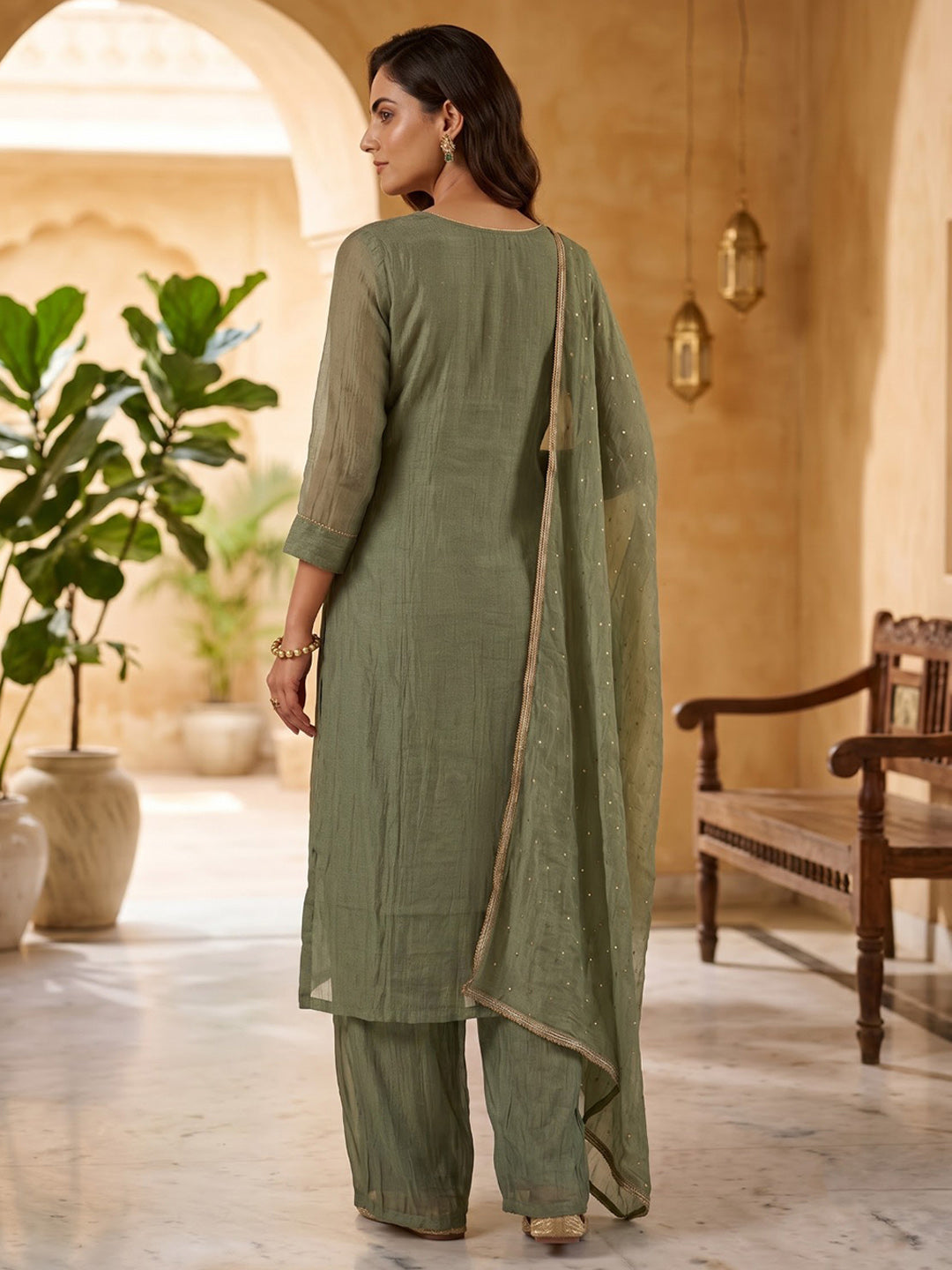 Aqua Green Embroidered Art Silk Kurta With Pant &amp; Dupatta