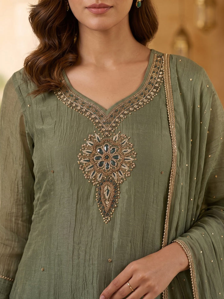 Aqua Green Embroidered Art Silk Kurta With Pant &amp; Dupatta