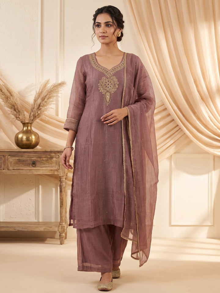Lavender Embroidered Art Silk Kurta With Pant &amp; Dupatta