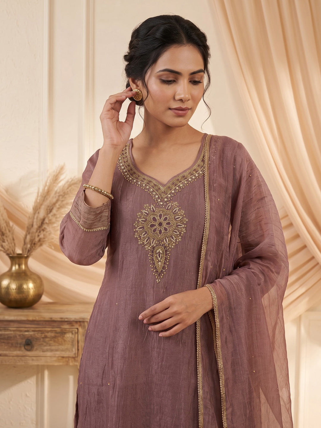 Lavender Embroidered Art Silk Kurta With Pant &amp; Dupatta