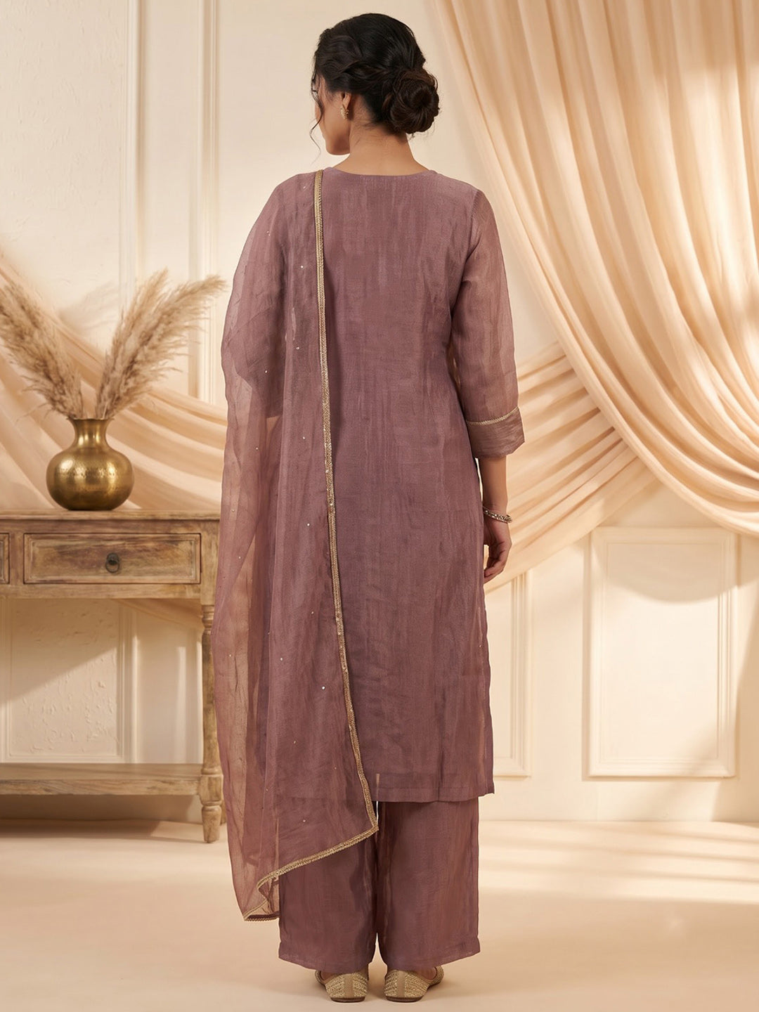 Lavender Embroidered Art Silk Kurta With Pant &amp; Dupatta
