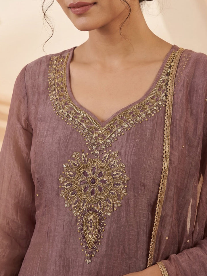 Lavender Embroidered Art Silk Kurta With Pant &amp; Dupatta