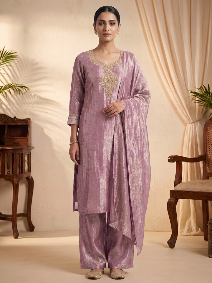 Pink Embroidered Art Silk Kurta With Pant &amp; Dupatta