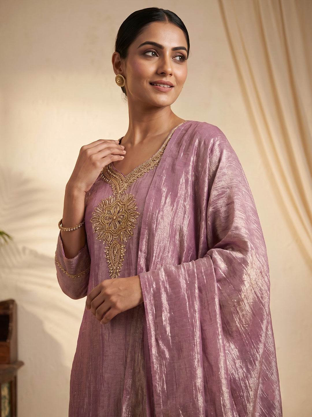 Pink Embroidered Art Silk Kurta With Pant &amp; Dupatta