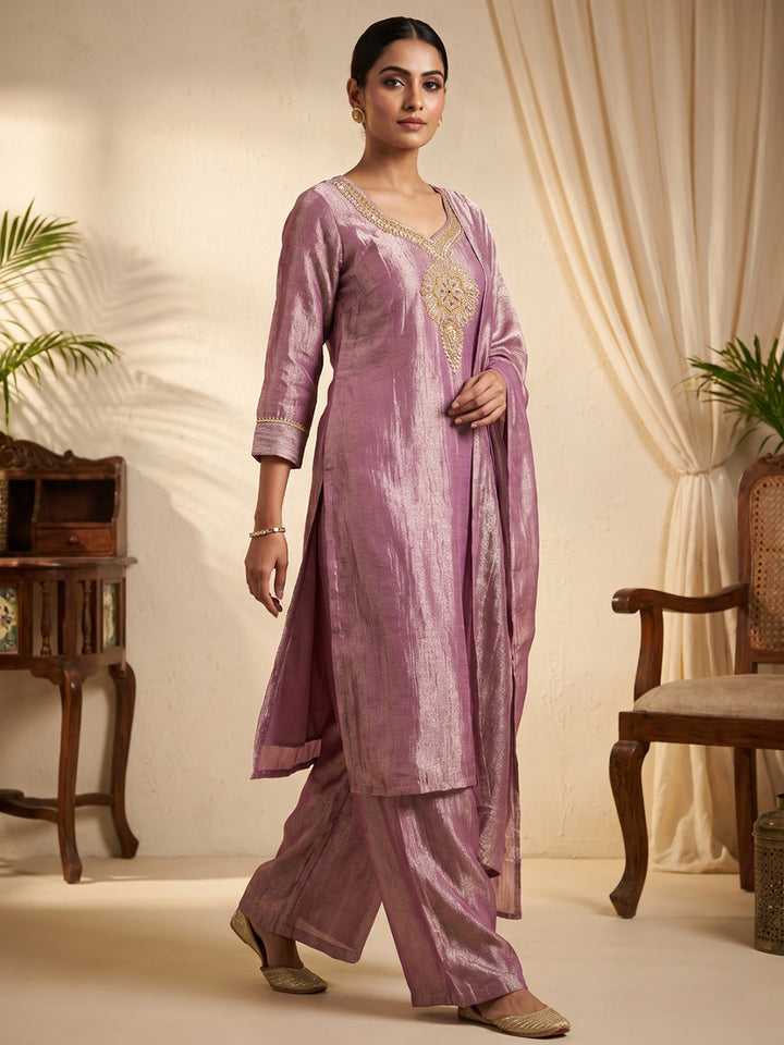 Pink Embroidered Art Silk Kurta With Pant &amp; Dupatta