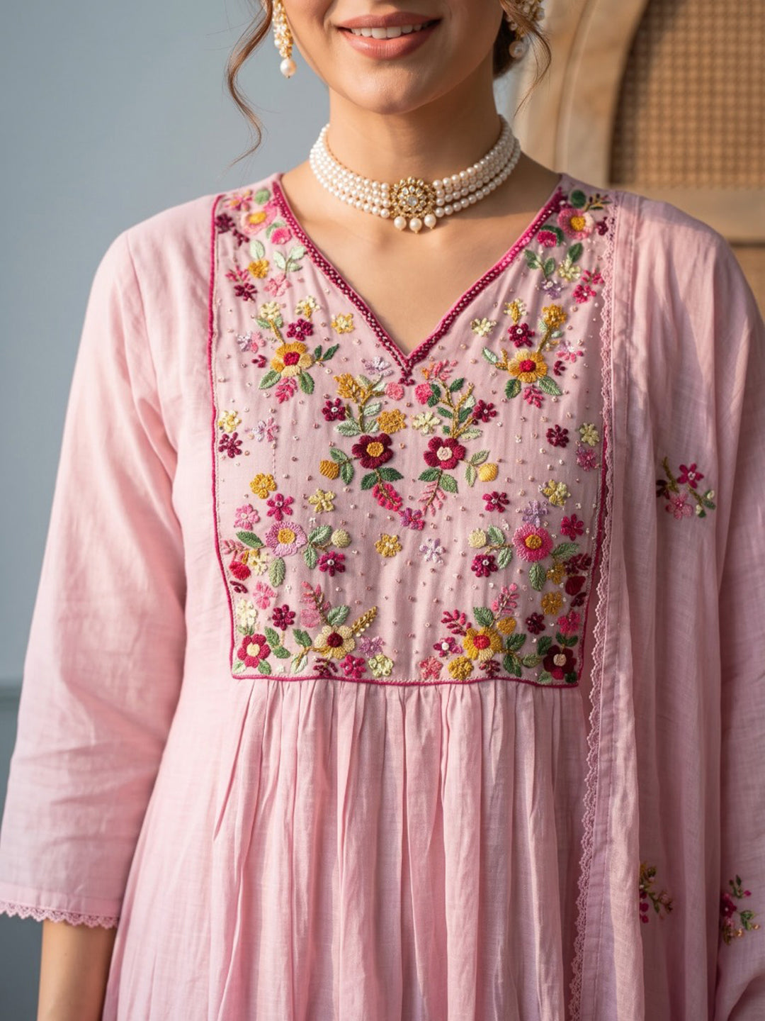 Pink Embroidered Chanderi Kurta With Pant &amp; Dupatta