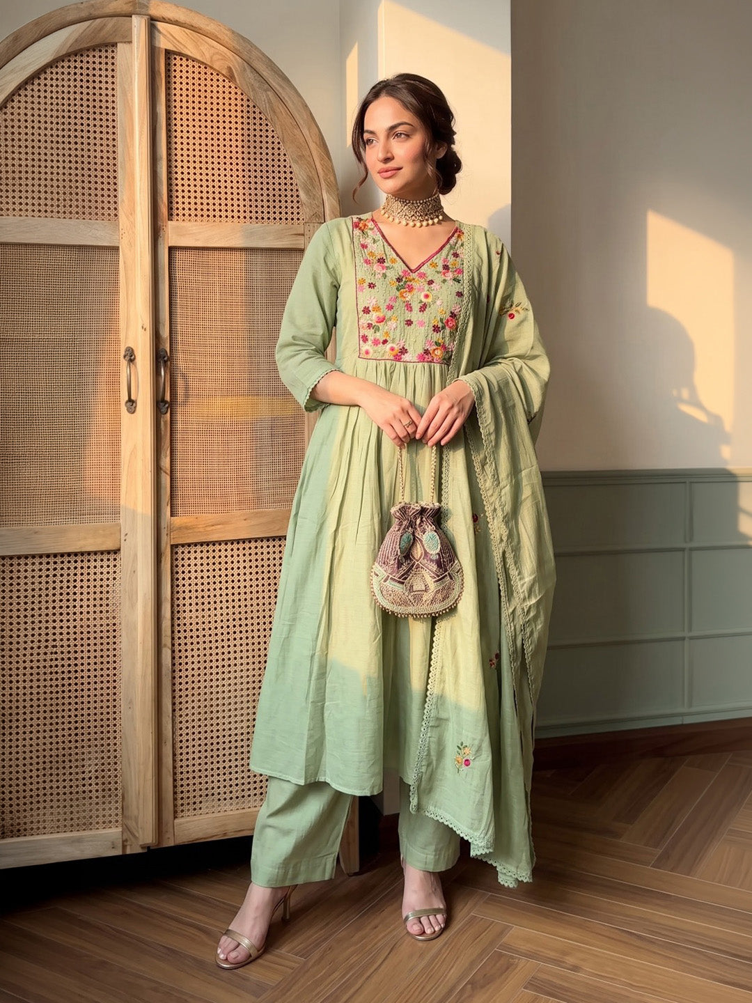 Pista Green Embroidered Chanderi Kurta With Pant &amp; Dupatta