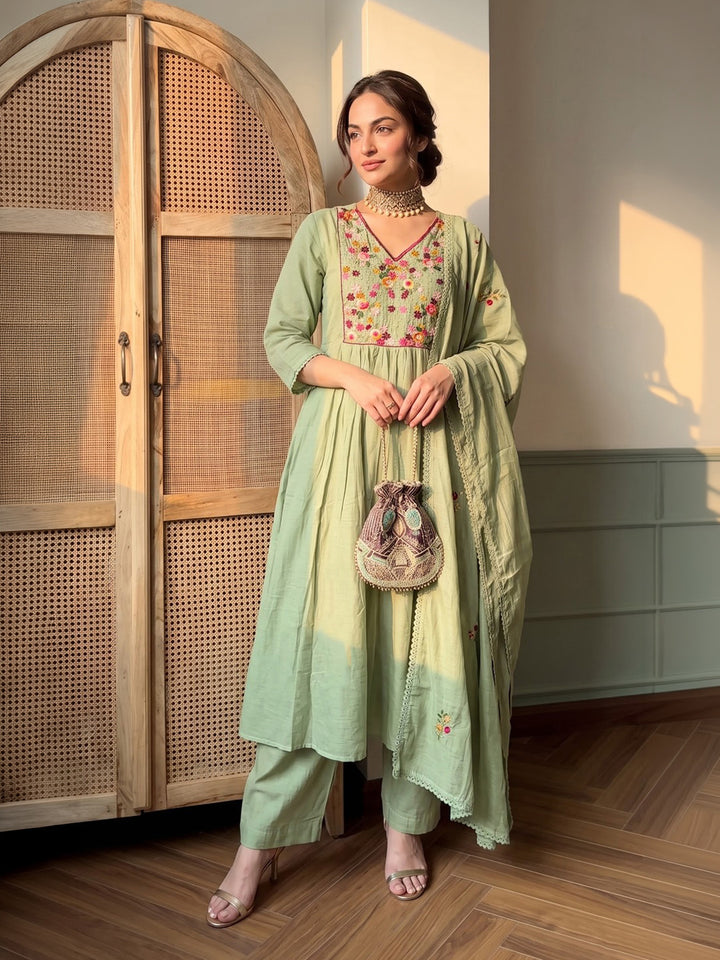 Pista Green Embroidered Chanderi Kurta With Pant &amp; Dupatta