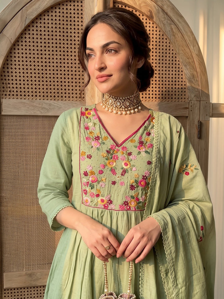 Pista Green Embroidered Chanderi Kurta With Pant &amp; Dupatta