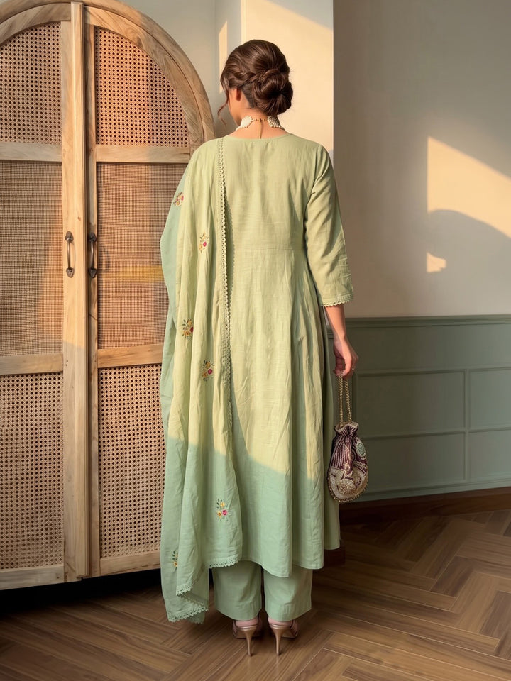 Pista Green Embroidered Chanderi Kurta With Pant &amp; Dupatta