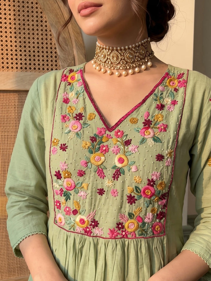 Pista Green Embroidered Chanderi Kurta With Pant &amp; Dupatta