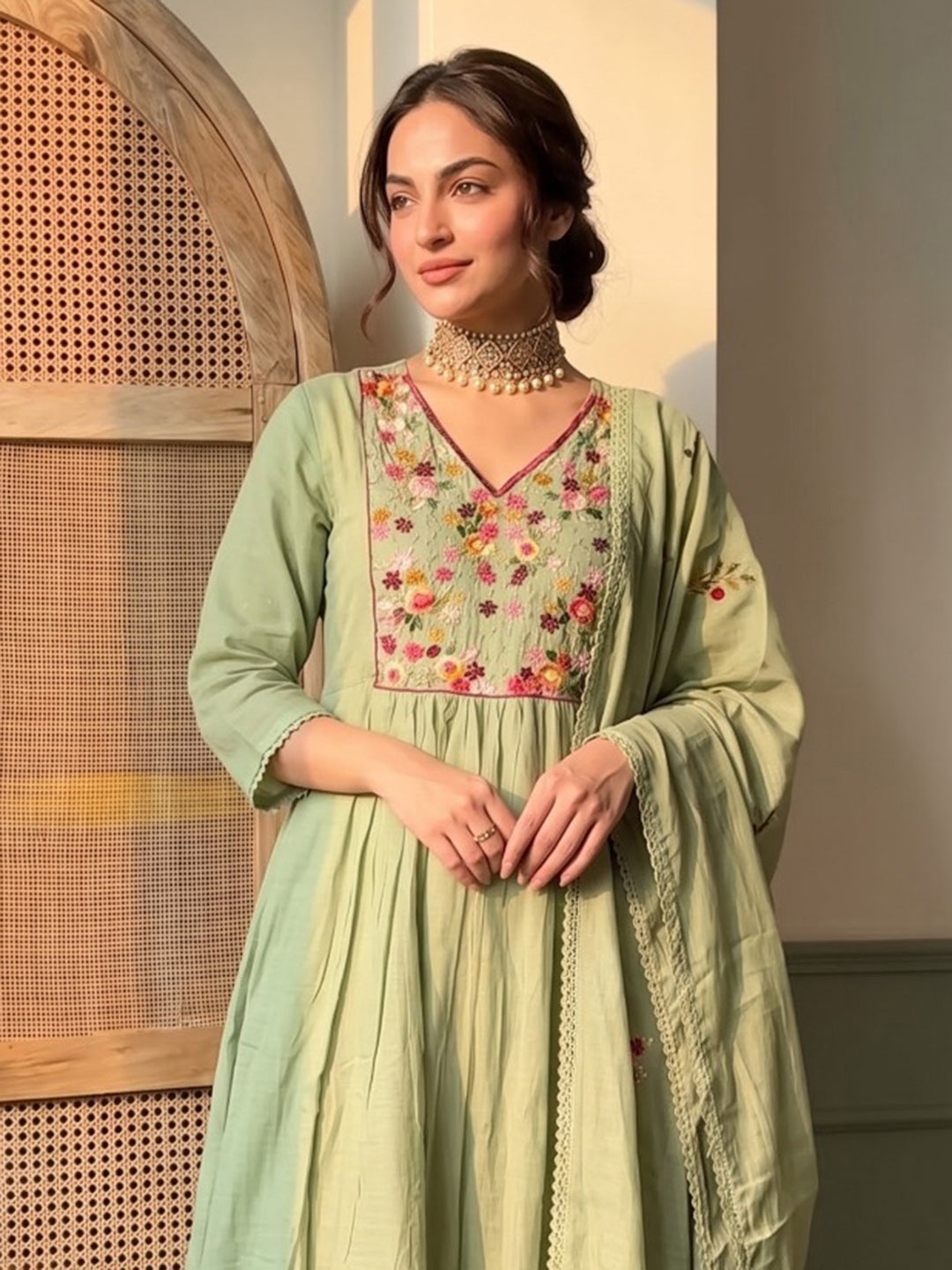 Pista Green Embroidered Chanderi Kurta With Pant &amp; Dupatta