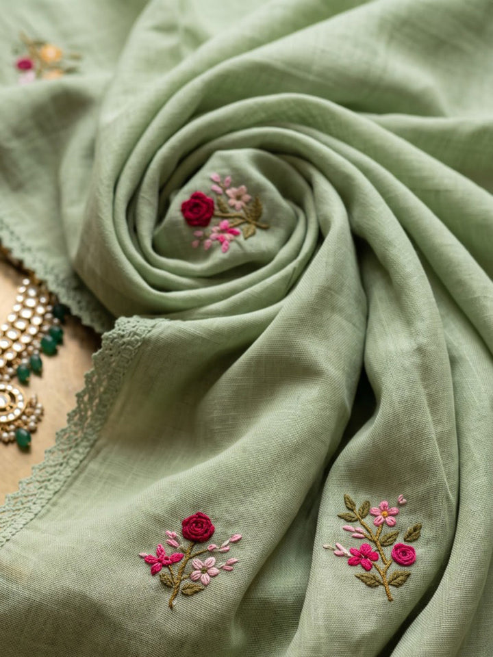 Pista Green Embroidered Chanderi Kurta With Pant &amp; Dupatta