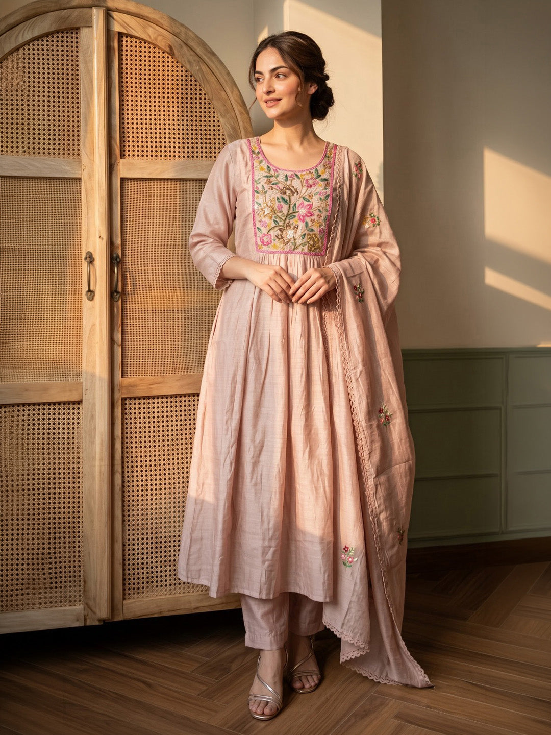 Beige Embroidered Chanderi Kurta With Pant &amp; Dupatta