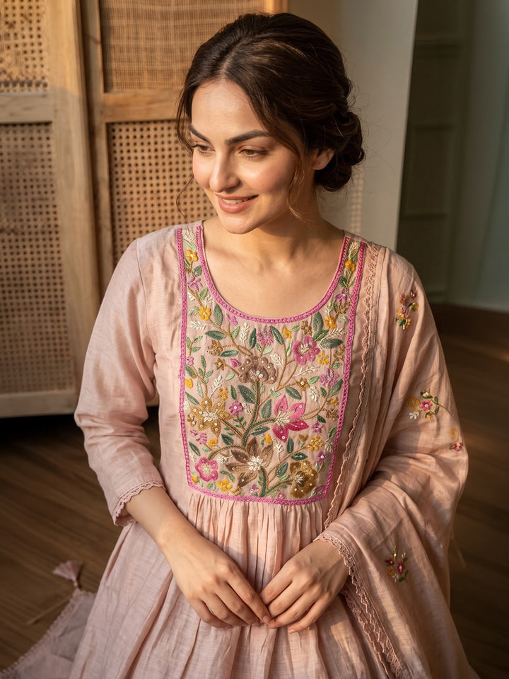 Beige Embroidered Chanderi Kurta With Pant &amp; Dupatta