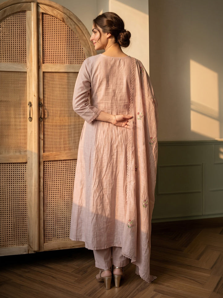 Beige Embroidered Chanderi Kurta With Pant &amp; Dupatta