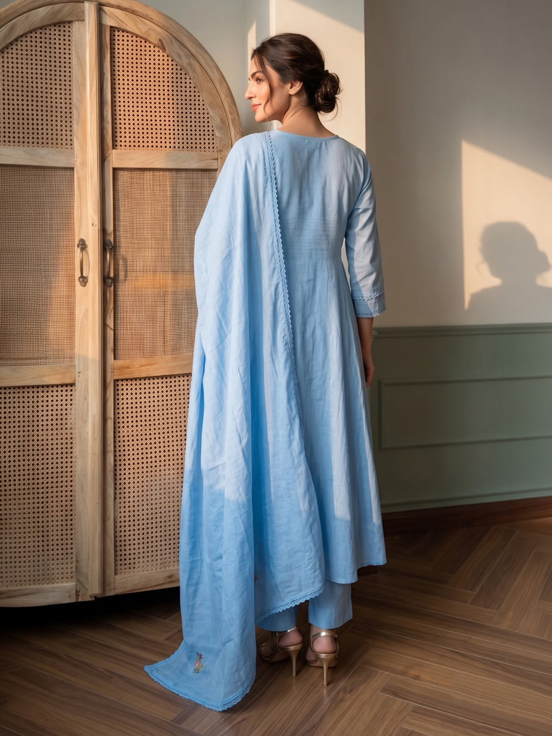 Blue Embroidered Chanderi Kurta With Pant &amp; Dupatta