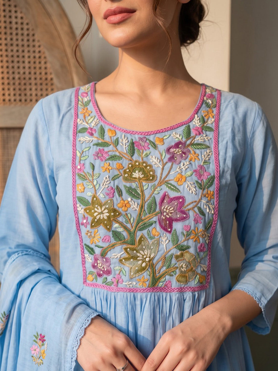 Blue Embroidered Chanderi Kurta With Pant &amp; Dupatta