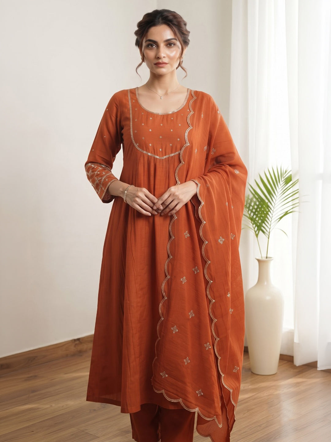 Rust Embroidered Chanderi Kurta With Pant &amp; Dupatta