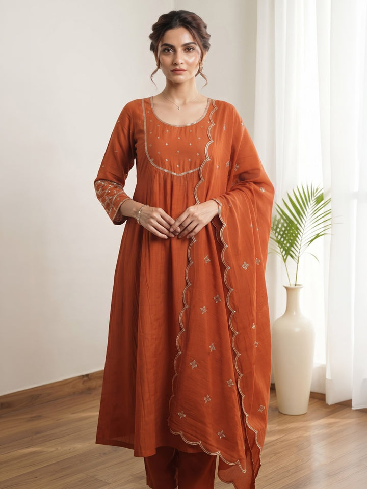 Rust Embroidered Chanderi Kurta With Pant &amp; Dupatta