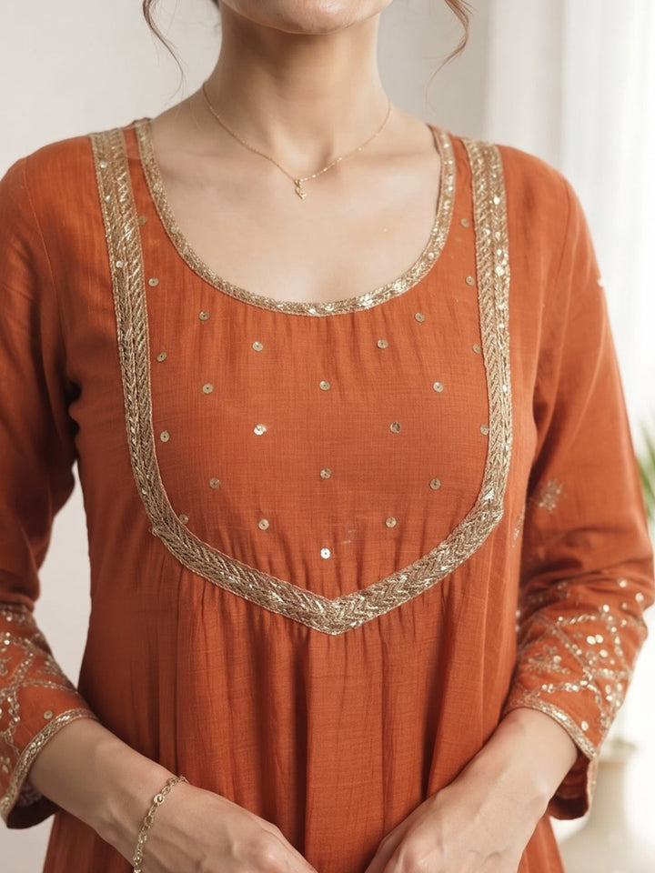 Rust Embroidered Chanderi Kurta With Pant &amp; Dupatta