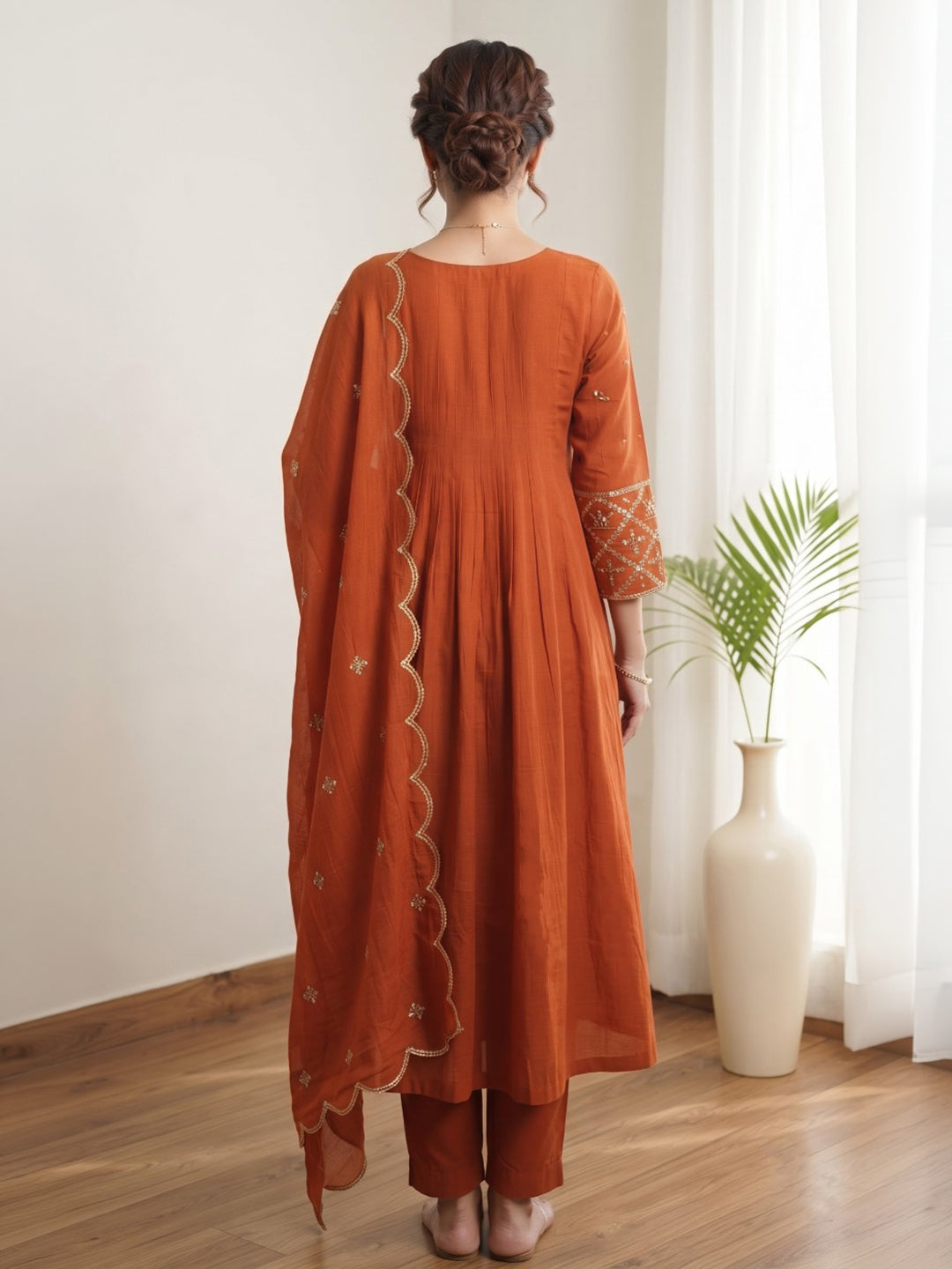 Rust Embroidered Chanderi Kurta With Pant &amp; Dupatta