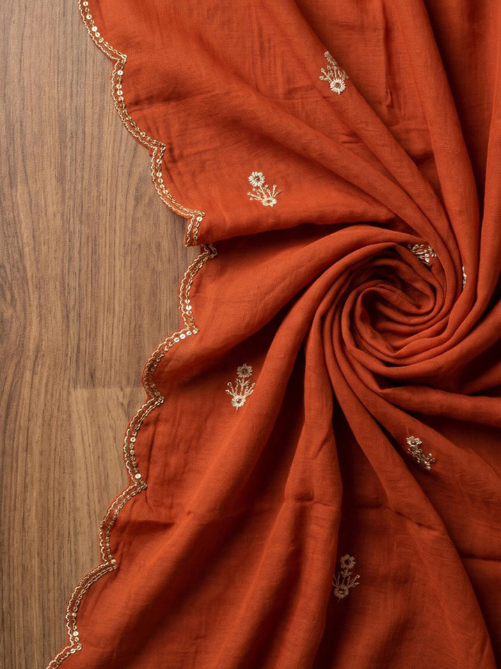 Rust Embroidered Chanderi Kurta With Pant &amp; Dupatta