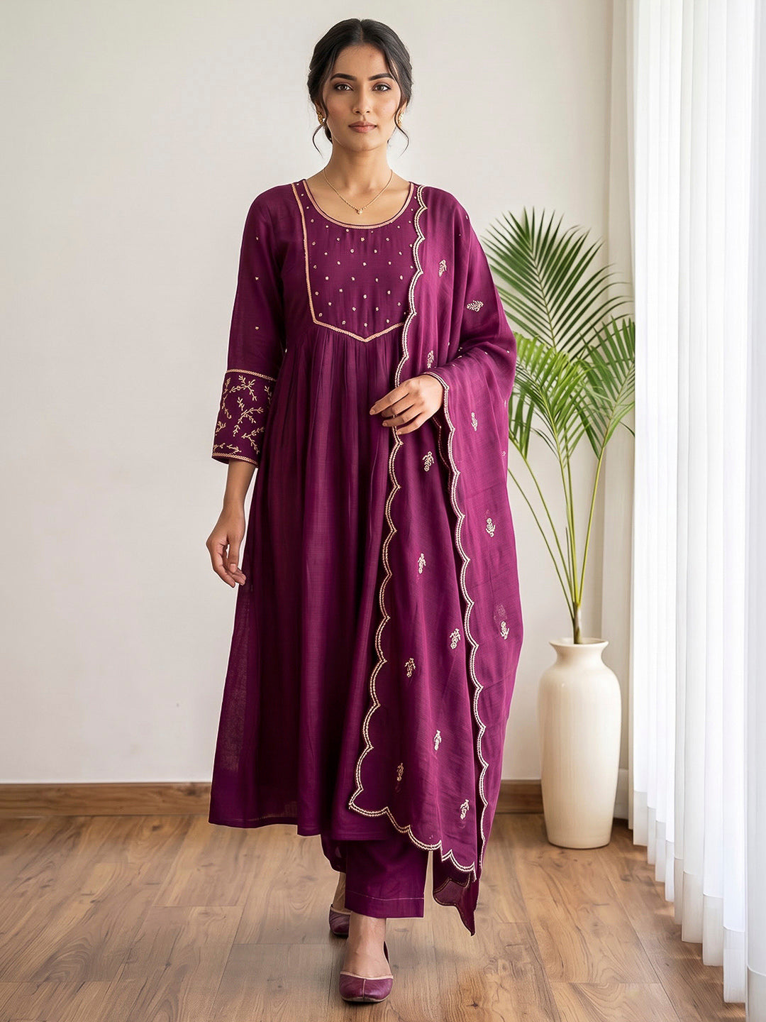 Wine Embroidered Chanderi Kurta With Pant &amp; Dupatta