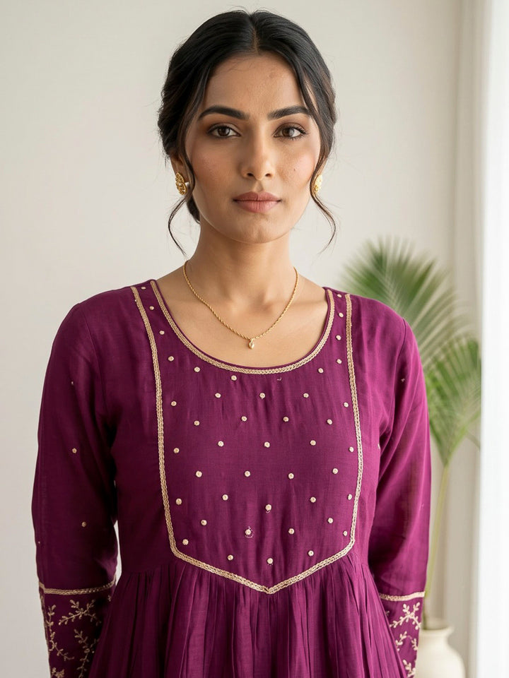 Wine Embroidered Chanderi Kurta With Pant &amp; Dupatta