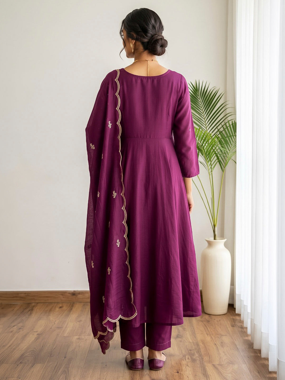 Wine Embroidered Chanderi Kurta With Pant &amp; Dupatta