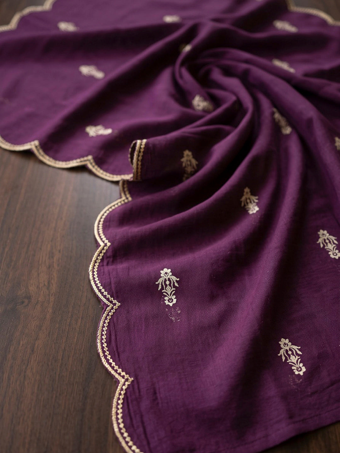 Wine Embroidered Chanderi Kurta With Pant &amp; Dupatta