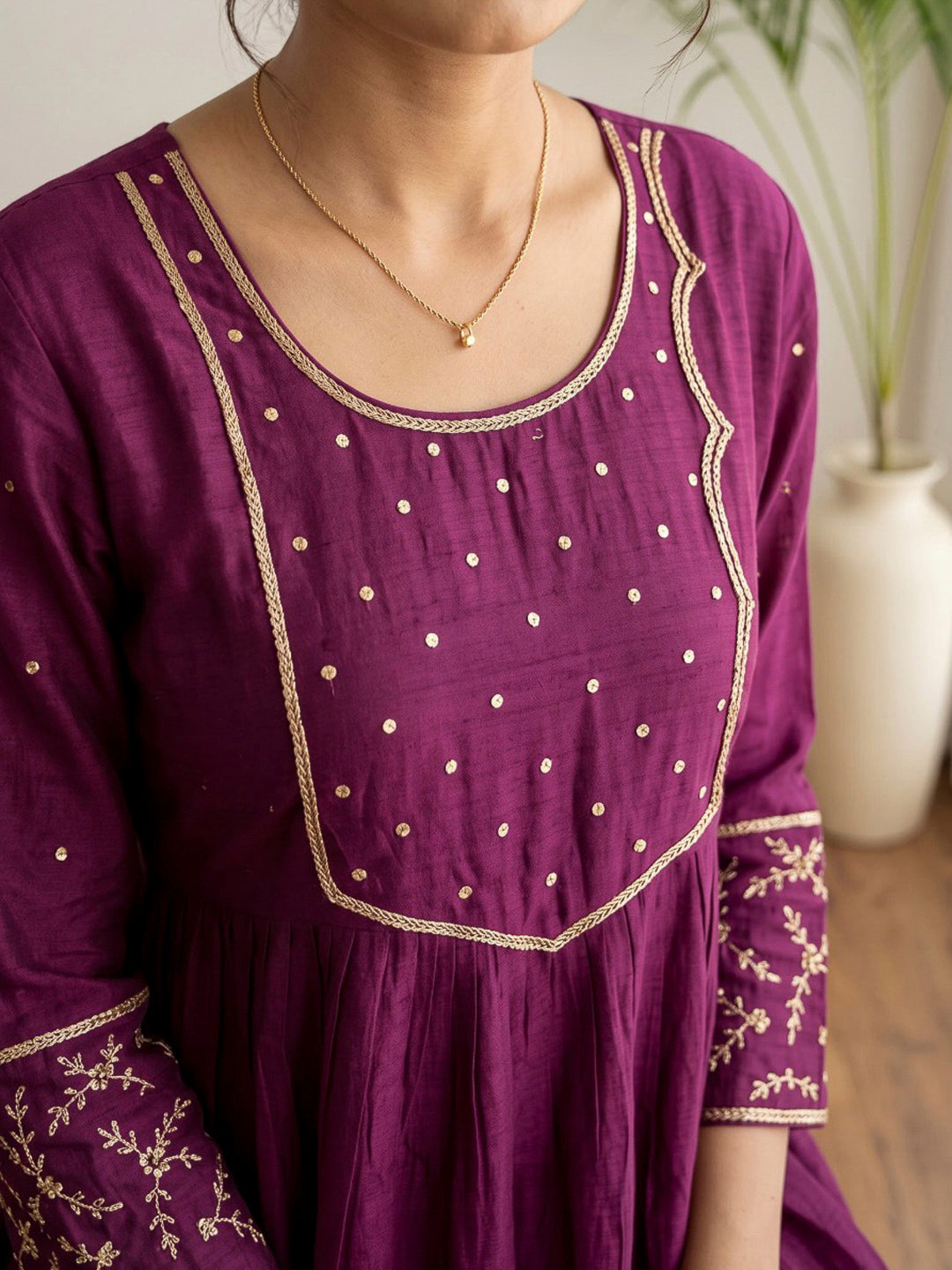 Wine Embroidered Chanderi Kurta With Pant &amp; Dupatta