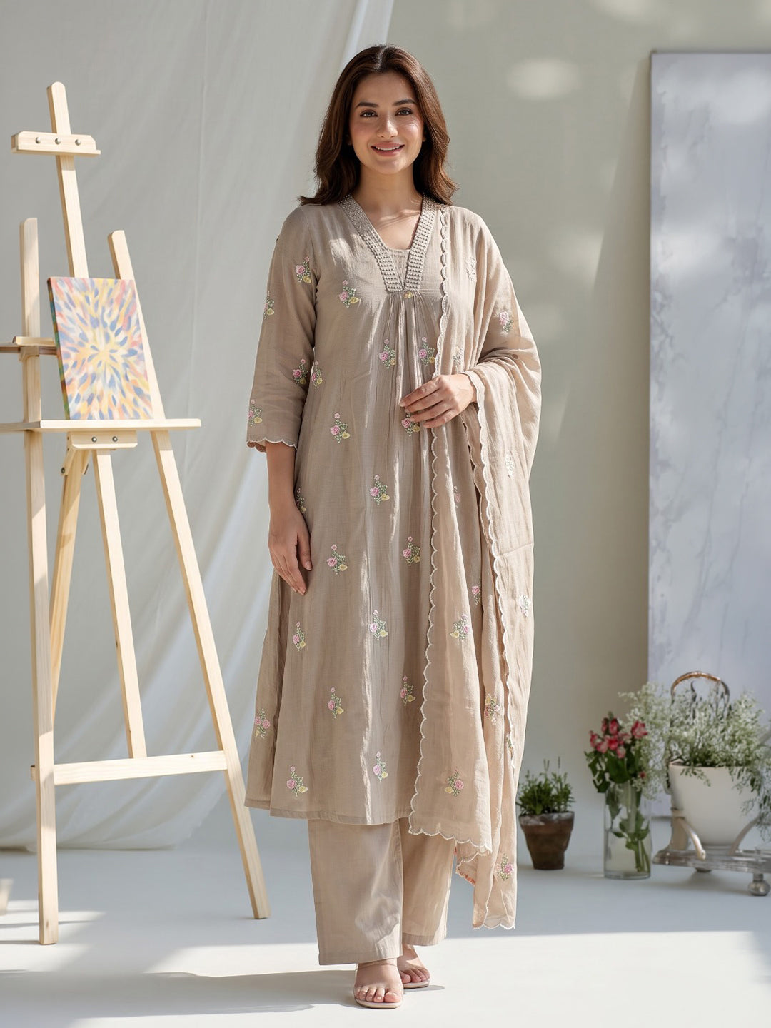Beige Embroidered Chanderi Kurta With Pant &amp; Dupatta