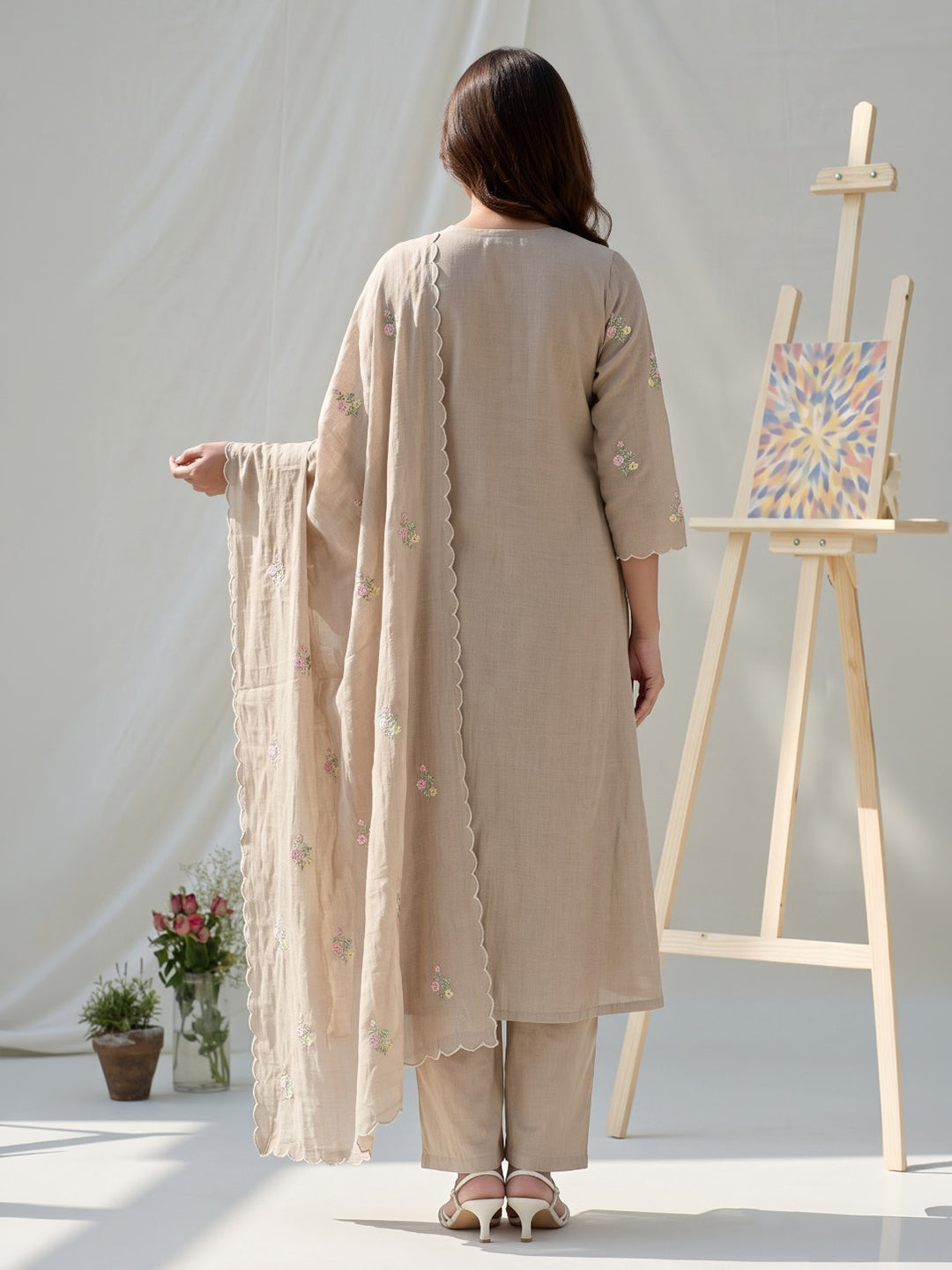 Beige Embroidered Chanderi Kurta With Pant &amp; Dupatta