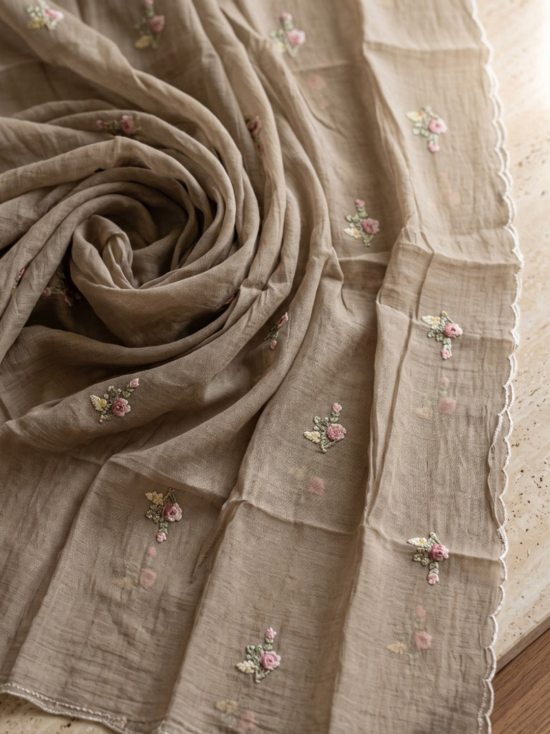 Beige Embroidered Chanderi Kurta With Pant &amp; Dupatta