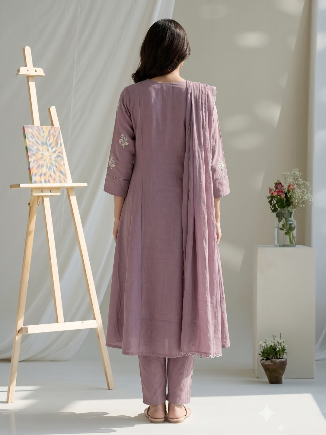 Mauve Embroidered Chanderi Kurta With Pant &amp; Dupatta