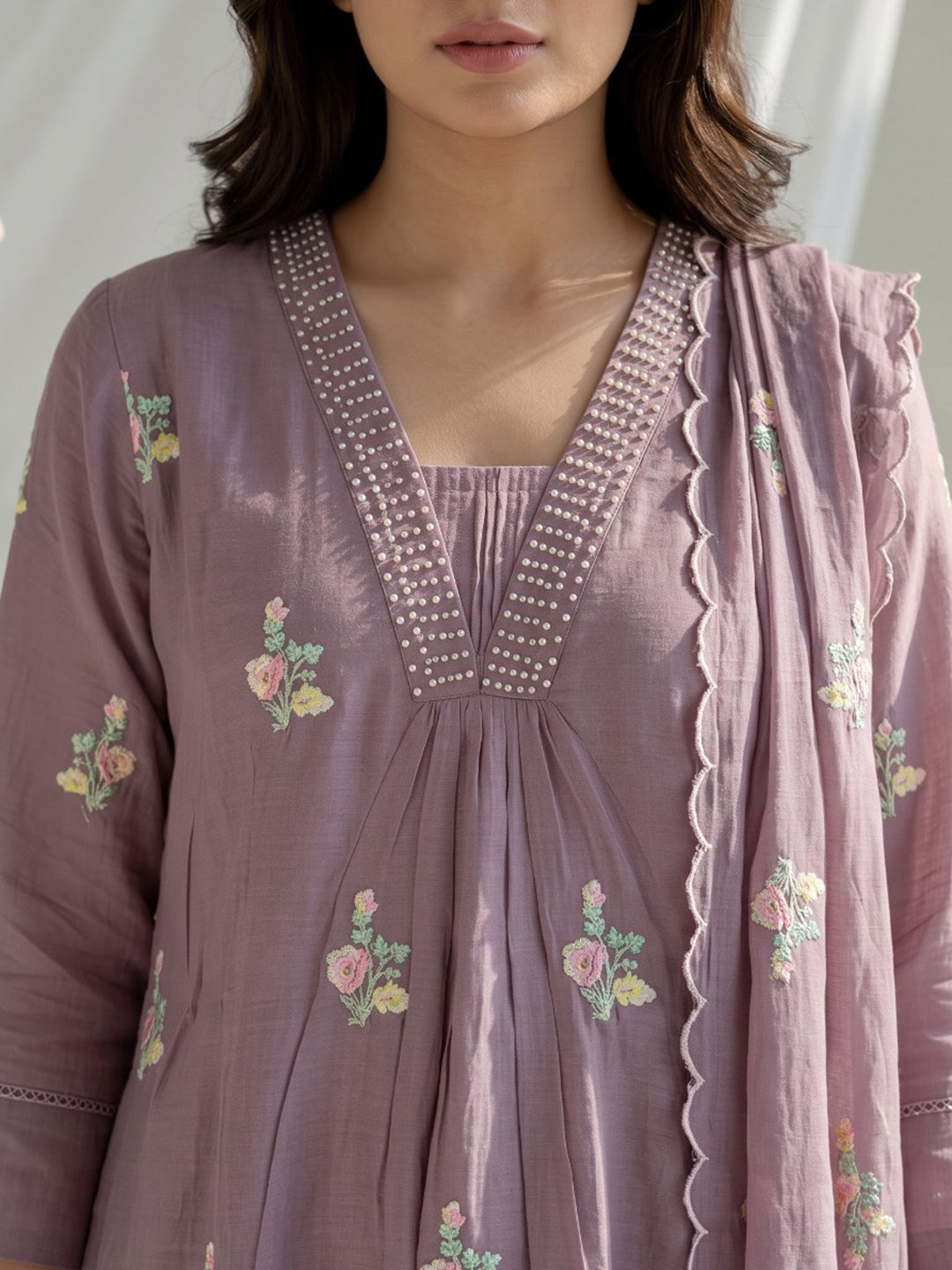 Mauve Embroidered Chanderi Kurta With Pant &amp; Dupatta