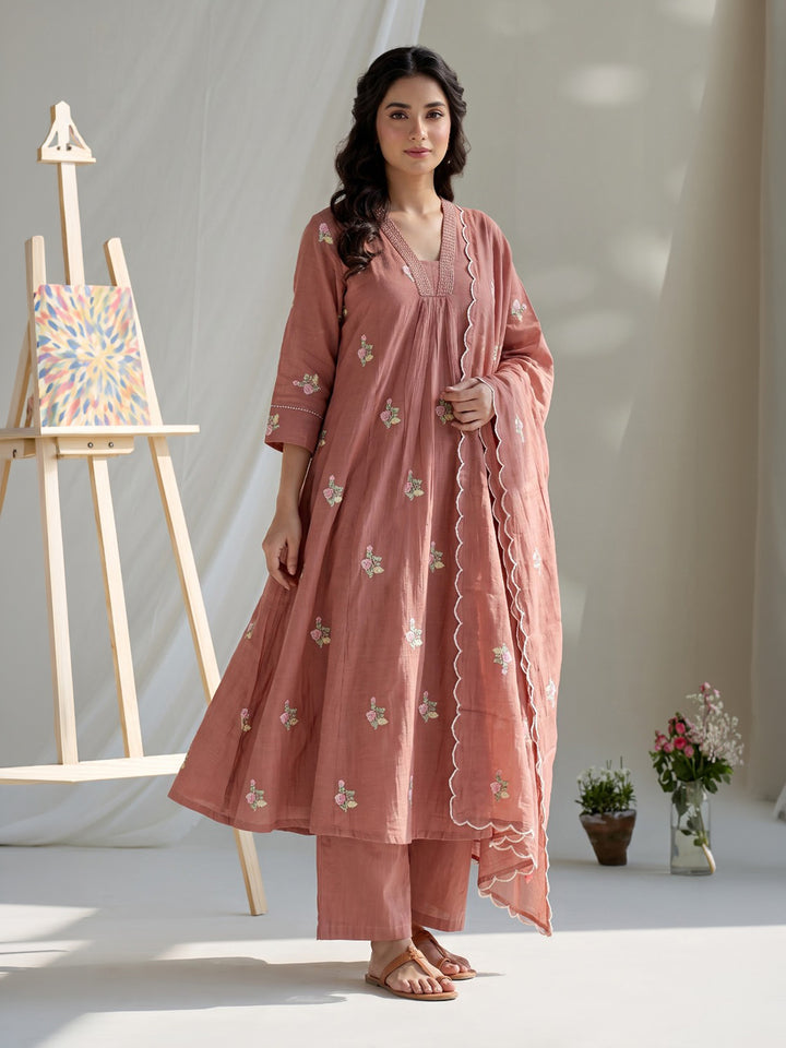 Rust Embroidered Chanderi Kurta With Pant &amp; Dupatta