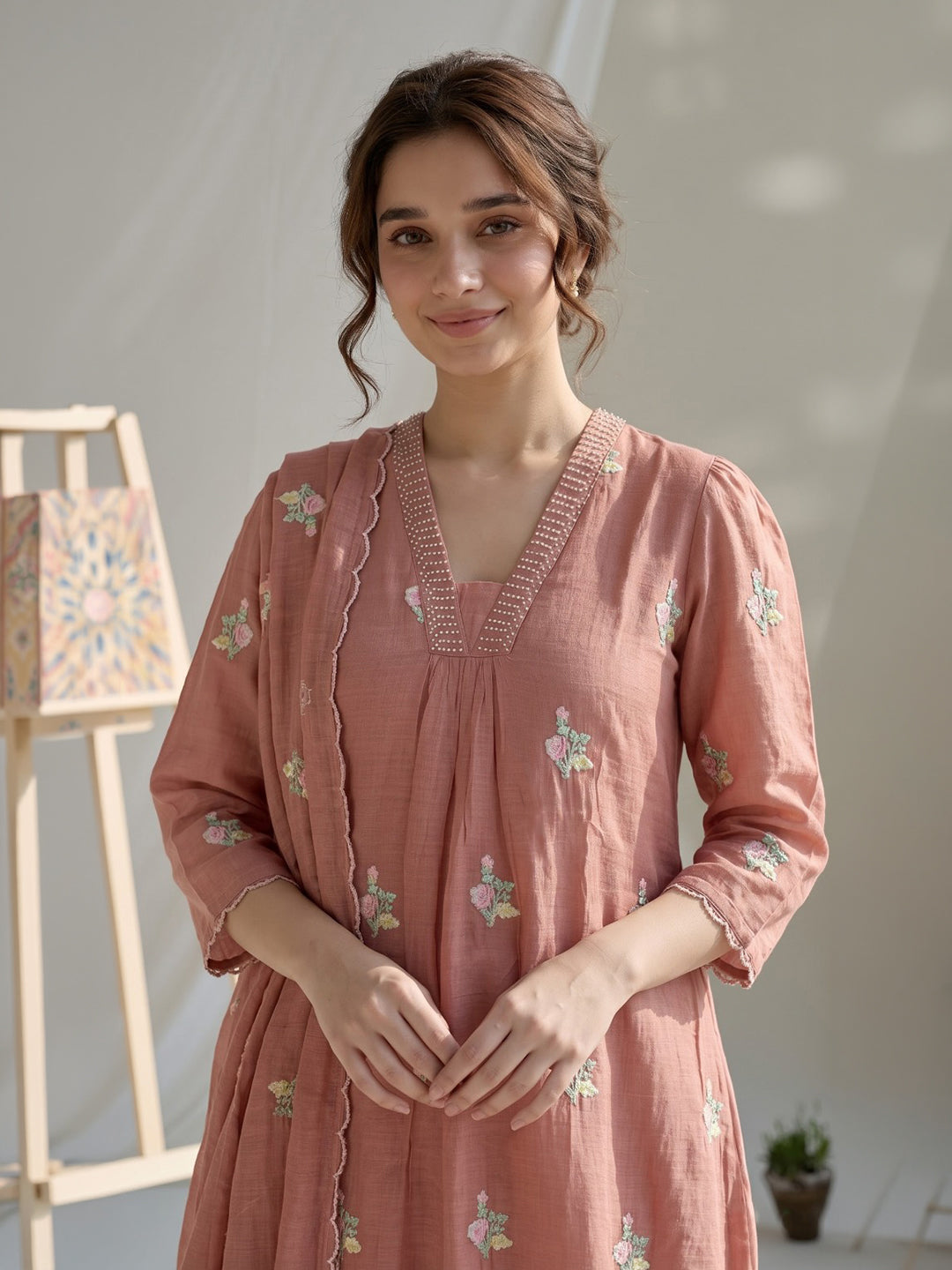 Rust Embroidered Chanderi Kurta With Pant &amp; Dupatta