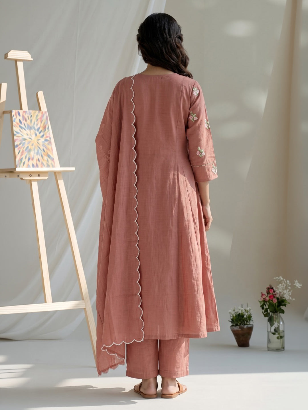 Rust Embroidered Chanderi Kurta With Pant &amp; Dupatta