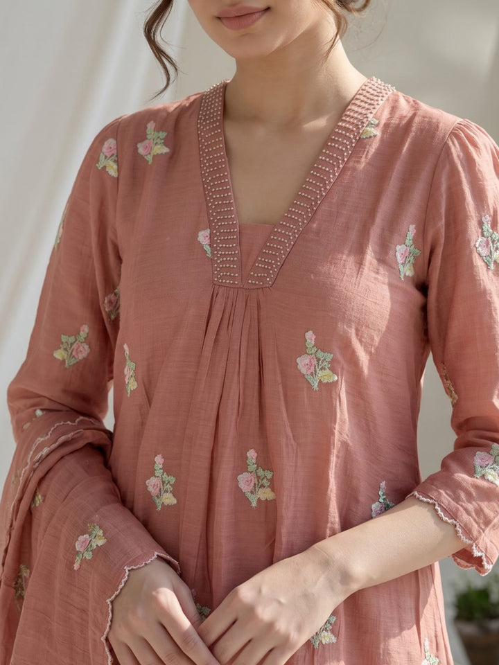 Rust Embroidered Chanderi Kurta With Pant &amp; Dupatta