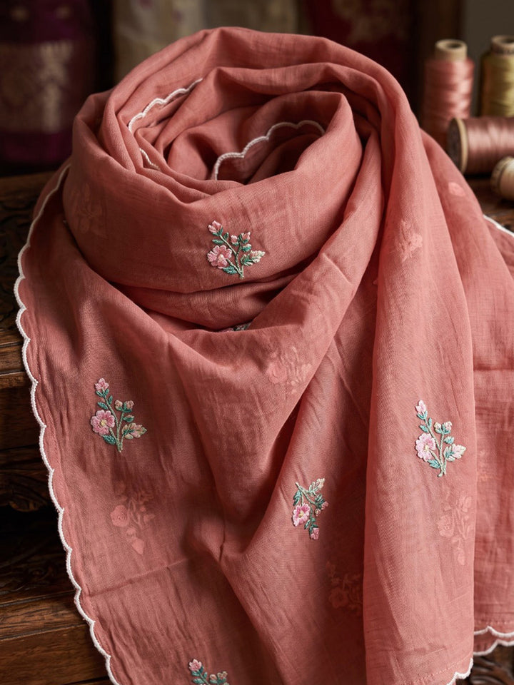Rust Embroidered Chanderi Kurta With Pant &amp; Dupatta