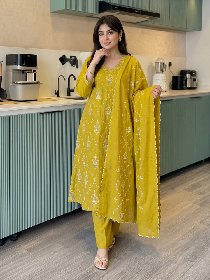 Mustard Embroidered Chanderi Kurta With Pant &amp; Dupatta