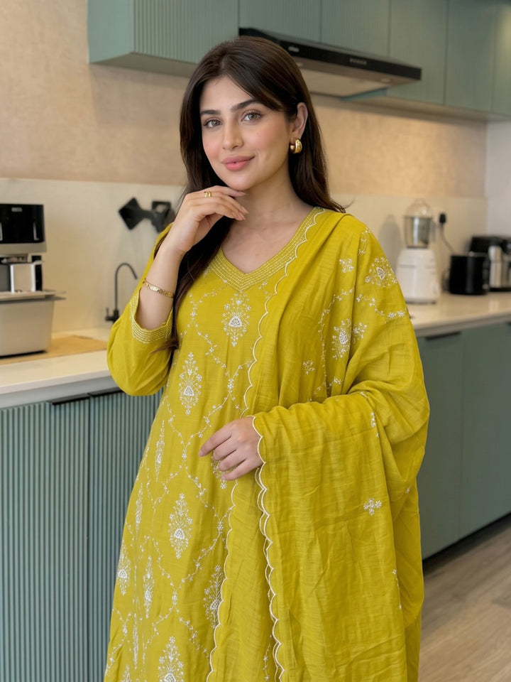 Mustard Embroidered Chanderi Kurta With Pant &amp; Dupatta