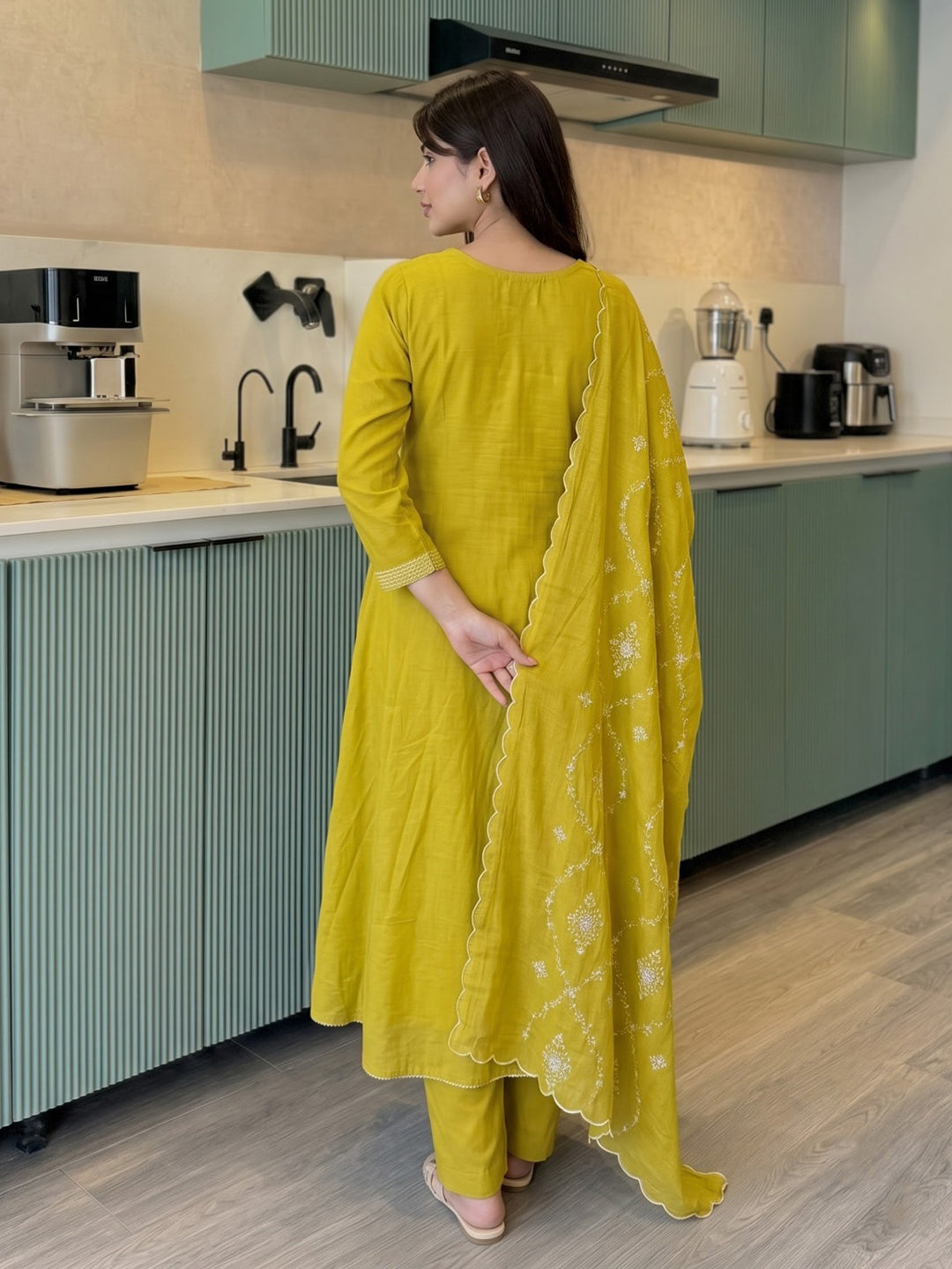 Mustard Embroidered Chanderi Kurta With Pant &amp; Dupatta