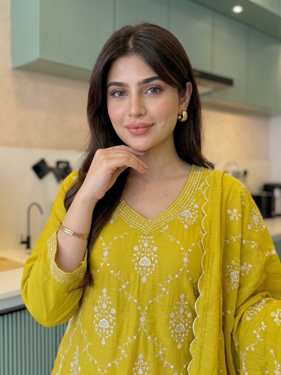 Mustard Embroidered Chanderi Kurta With Pant &amp; Dupatta